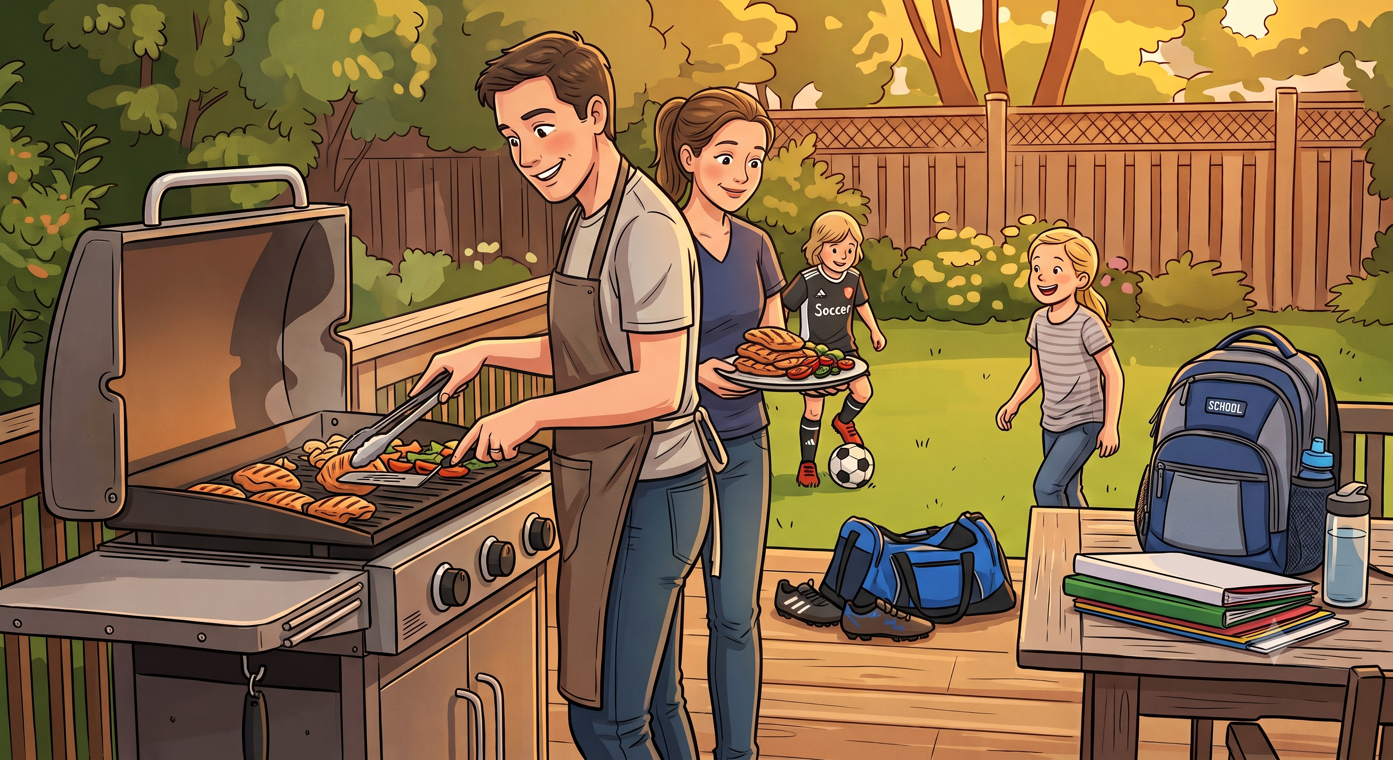 Family meal prep and grilling for back to school season in the backyard