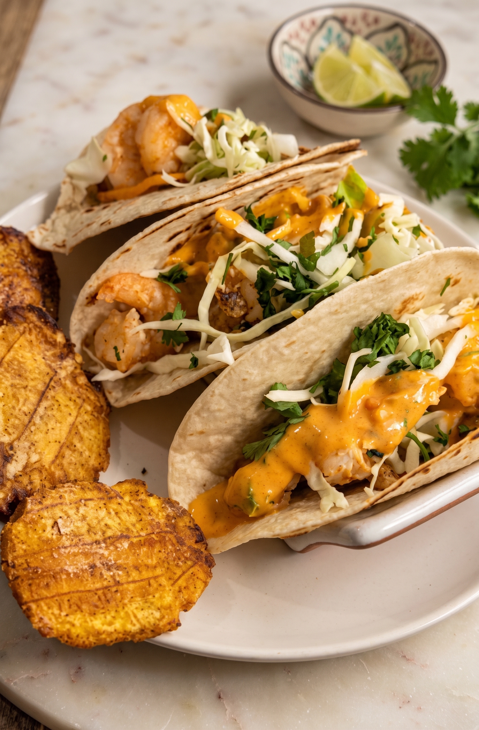 Cast Iron Bang Bang Shrimp Tacos with Crispy Tostones