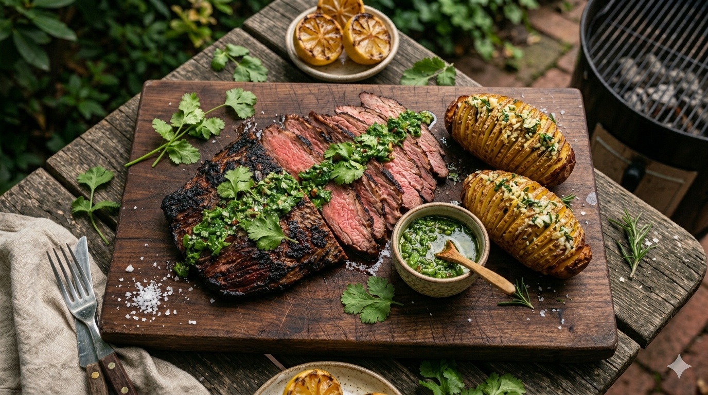 Smoked Carne Asada with Chimichurri and Hasselback Potatoes