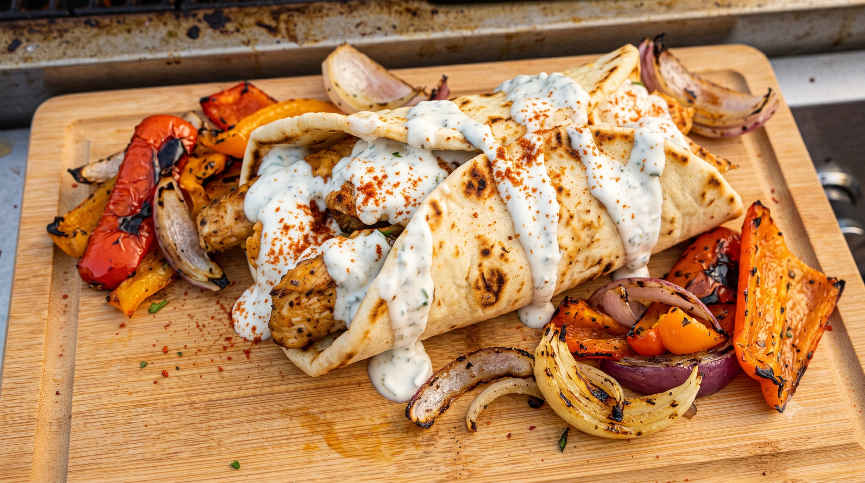 Greek Chicken Naan Flatbreads with grilled peppers, onions, and tzatziki