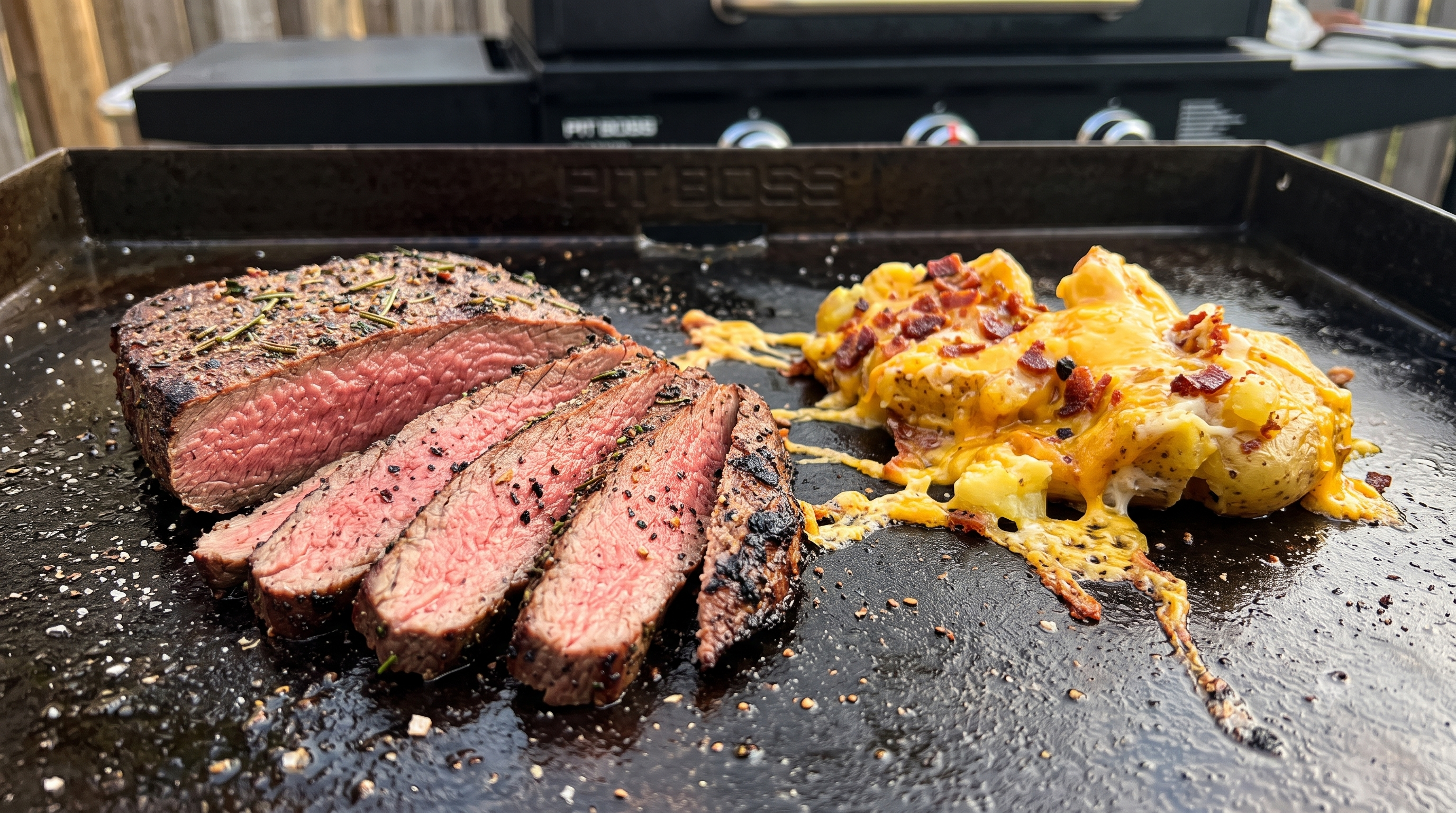 Smoked Flank Steak with Cheesy Smashed Potatoes and Sweet Potato Medallions